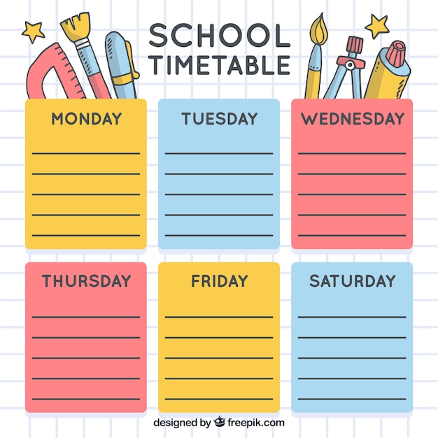 Free vector school timetable with material drawings