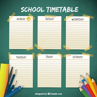 School timetable with notebook pages and materials