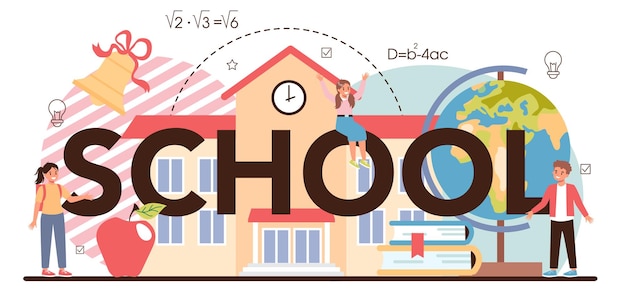 Intestazione tipografica della scuola professore che dà una lezione in una classe lavoratori scolastici o universitari idea di istruzione e conoscenza illustrazione vettoriale piatta isolata