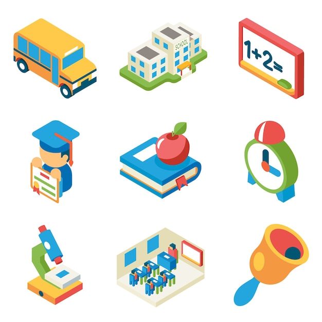 School, university and education isometric 3d flat icons. bus and building and microscope, diploma and bell, book and apple,