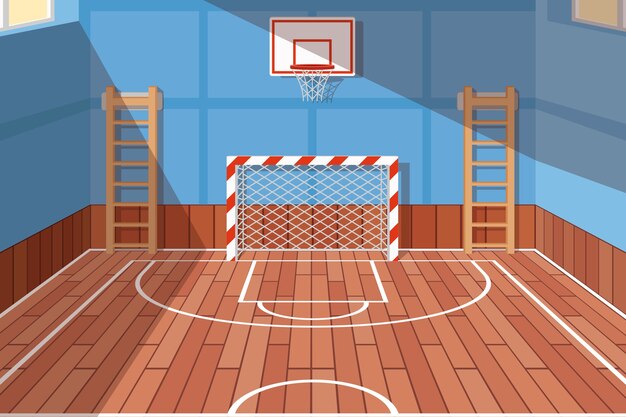 School or university gym hall. Gym court for football and basketball, school hall, floor game. Vector illustration