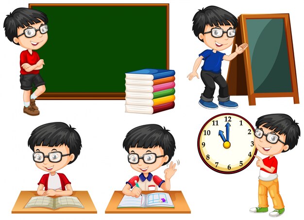 Schoolboy doing different actions at school illustration