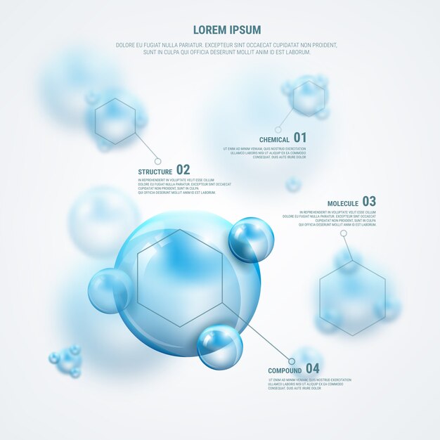 Sci-fi molecules infographics with transparent spheres. Bubble science glossy, scientific biology template.