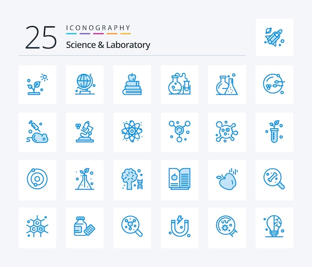 Набор иконок Science 25 Blue Color, включающий репродукцию плодородных книг, научную колбу