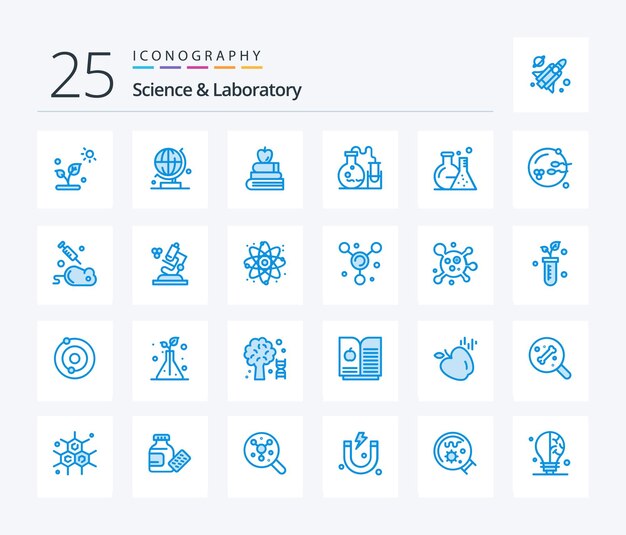 Science 25 Blue Color icon pack including reproduction fertile books science flask