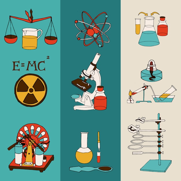 Vettore gratuito l'insieme colorato dell'insegna di schizzo di schizzo di attrezzatura scientifica del laboratorio di ricerca scientifica di chimica e di chimica ha isolato l'illustrazione di vettore