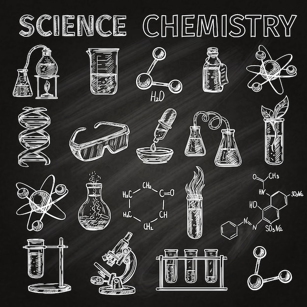 Free vector science and chemistry sketch chalkboard icons set with elements combinations