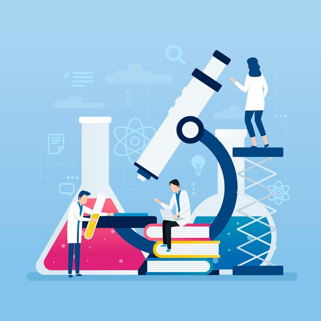 Science concept with microscope and people working