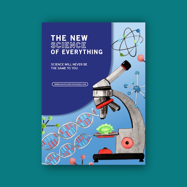 Free vector science cover book design with microscope watercolor illustration.