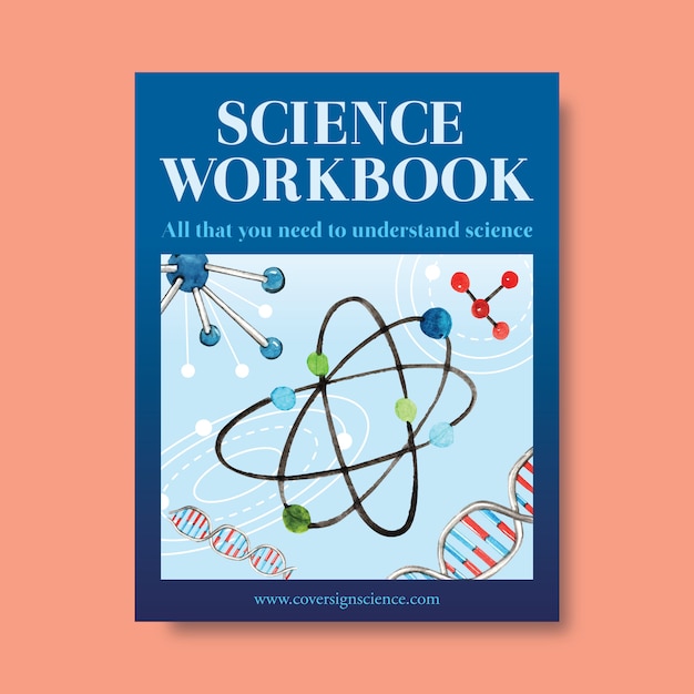 Free vector science cover book design with molecule, dna watercolor illustration.