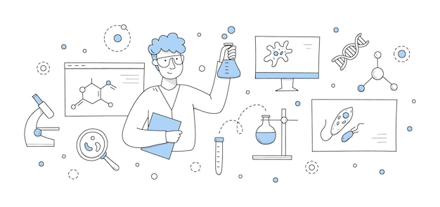 Free vector science doodle concept chemist holding beaker