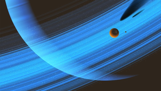 Science fiction vector illustration of a giant ring planet with an orbiting moon