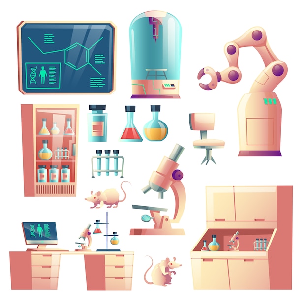 Free vector science genetic laboratory equipment, glassware and tools cartoon