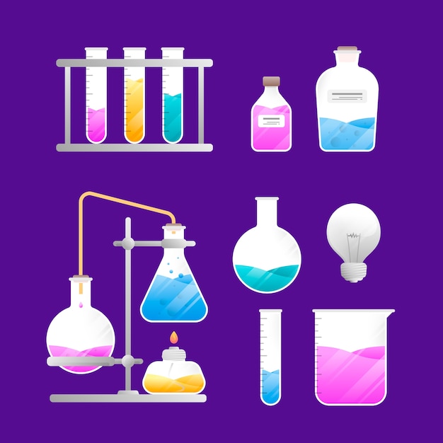 Laboratorio di scienza oggetti isolati su sfondo viola