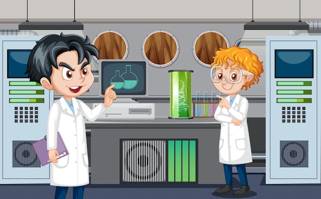 Free vector science laboratory for chemical experiments with scientist