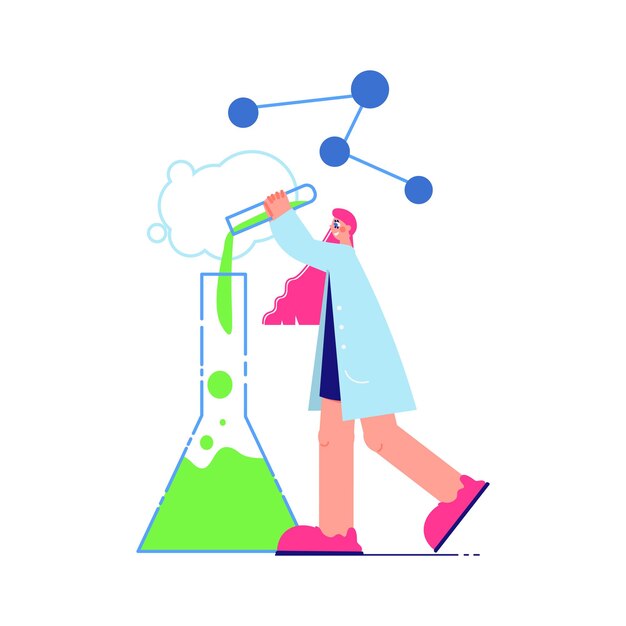 Science laboratory composition with character of scientist pouring liquid into flask