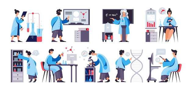 무료 벡터 과학 실험실 전자 현미경 연구 칠판 프레 젠 테이 션 테스트 튜브 실험 dna 분자 평면 색상 설정 벡터 일러스트 레이 션