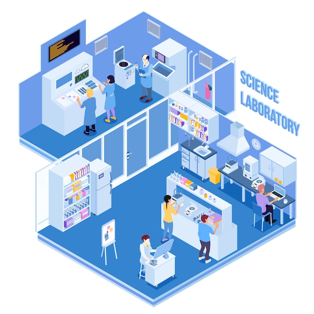 Science laboratory with professional equipment and people carrying physical and chemical research and experiments