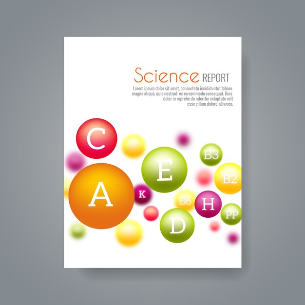 Шаблон обложки научной или медицинской брошюры с витаминами. Сообщите о науке, химии, витаминной биологии или биохимии