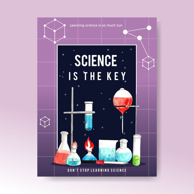 Free vector science poster design with laboratory supplies watercolor illustration.