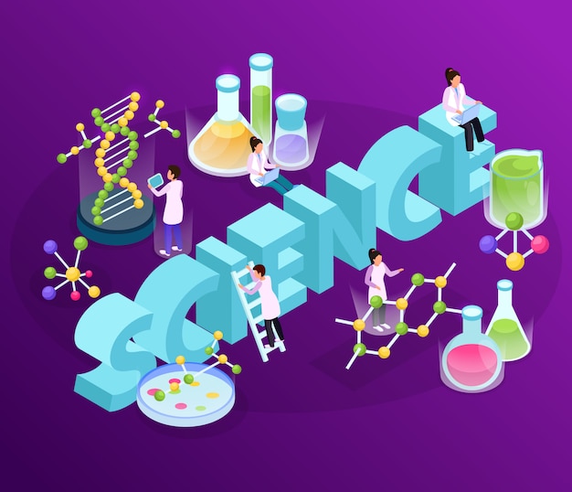 Science research isometric glow composition with big 3d text images of complex molecules and human characters