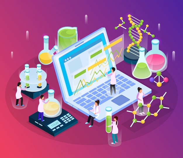 Free vector science research isometric glow composition with small people characters and various laboratory stuff with laptop computer