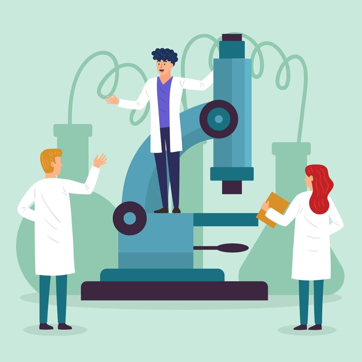 Free Vector science team working with microscope