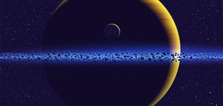 Free Vector science vector illustration of a giant ring planet with its orbiting habitable moon