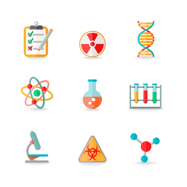 Apparecchiatura di laboratorio di chimica scientifica di vetro di retorte atomo dna simboli icone impostare isolato illustrazione vettoriale