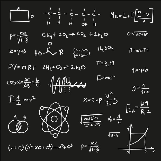 Free vector scientific formulas on chalkboard in hand-drawn