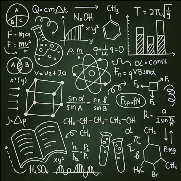 Scientific formulas on chalkboard