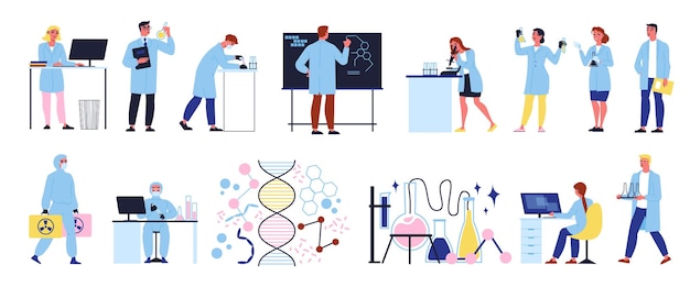 Free vector scientific laboratory flat icons set with scientists in uniform making experiments isolated vector illustration