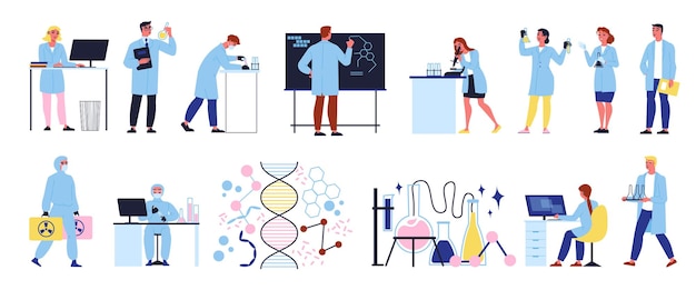 Free vector scientific laboratory flat icons set with scientists in uniform making experiments isolated vector illustration