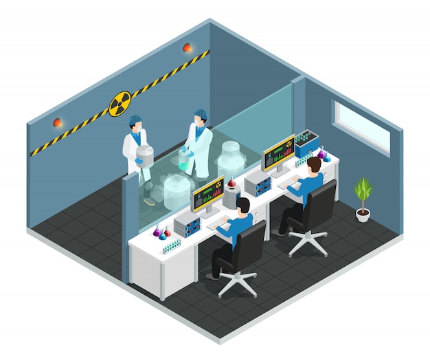 Scientific laboratory isometric concept with  assistants working in medical chemical or biological lab interior