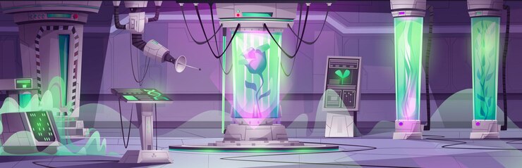 मुफ़्त वेक्टर scientific laboratory on spaceship with equipment and machinery for research experiments cartoon shuttle room interior with plants in capsule with green liquid computers and monitors with graphs