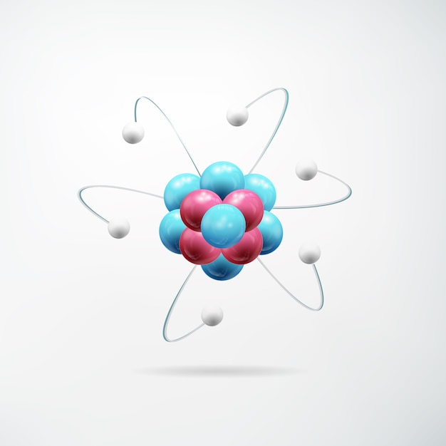 Scientific realistic abstract concept with colorful model of atom on light  isolated