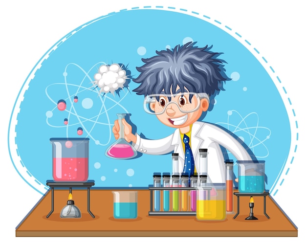 Free vector scientist boy cartoon character with laboratory equipments