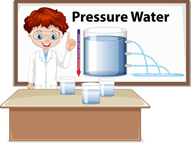 圧力水を説明する科学者の少年