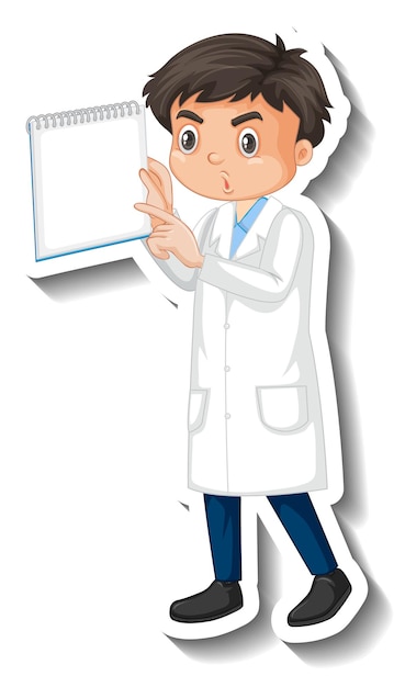 Free vector scientist boy holding empty board cartoon character sticker