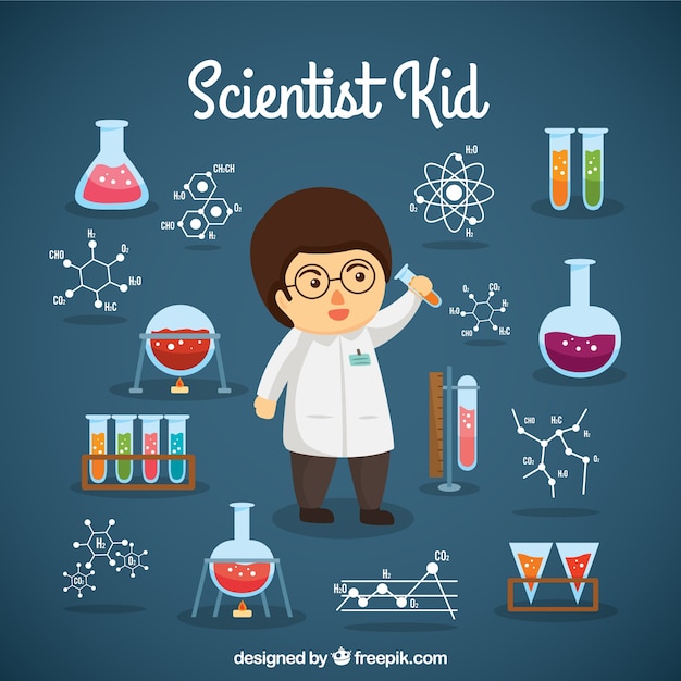 Scientist boy with lab objects