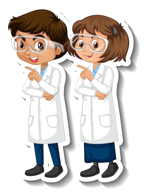 Free vector scientist couple kids cartoon character sticker