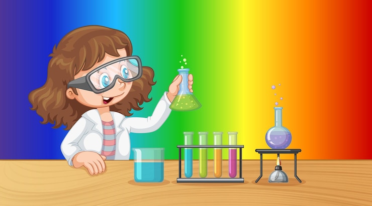 Free Vector scientist girl cartoon character on rainbow gradient background