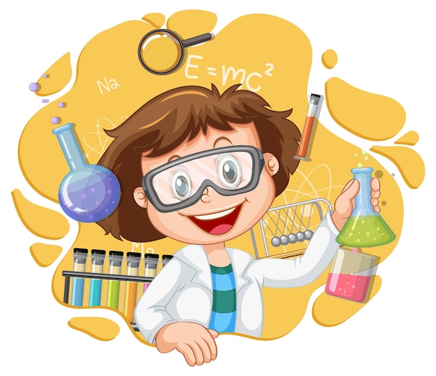 Scientist girl cartoon character with laboratory equipments