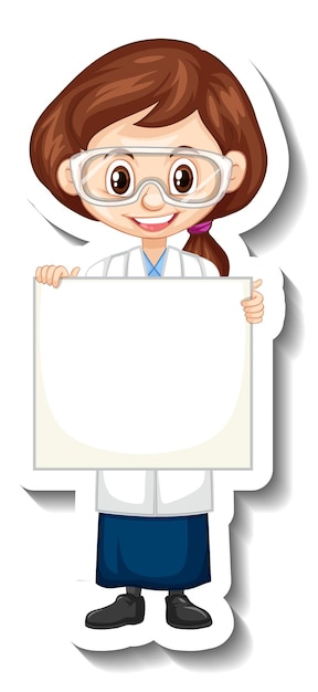 Scientist girl holding empty board in sticker style