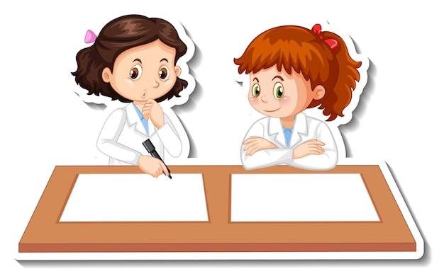 Free vector scientist girls cartoon characters with science experiment object