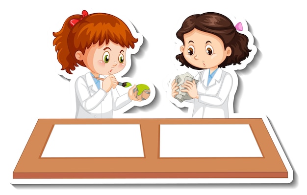 Scientist girls cartoon characters with science experiment object