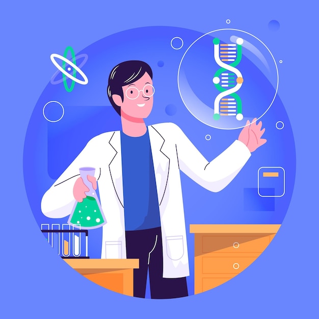 Scientist holding dna molecules illustration