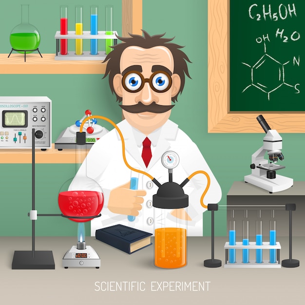 現実的な科学実験装置を備えた化学研究所の科学者