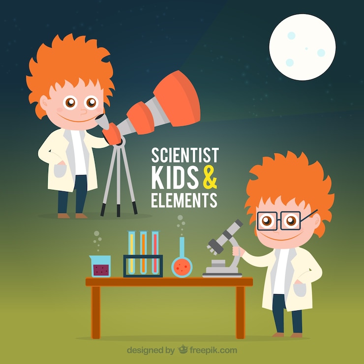 Free Vector scientist kid with a telescope and microscope