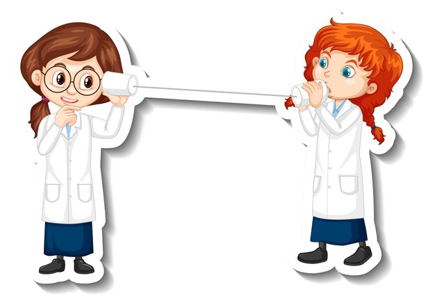 scientist kids talking with cup telephone